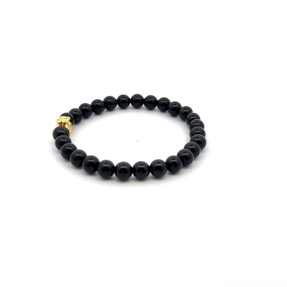 18K Gold Money Bag Onyx Gemstones 6mm Lucky Charm Elastic Bracelet Size 6" - Picture 4 of 5